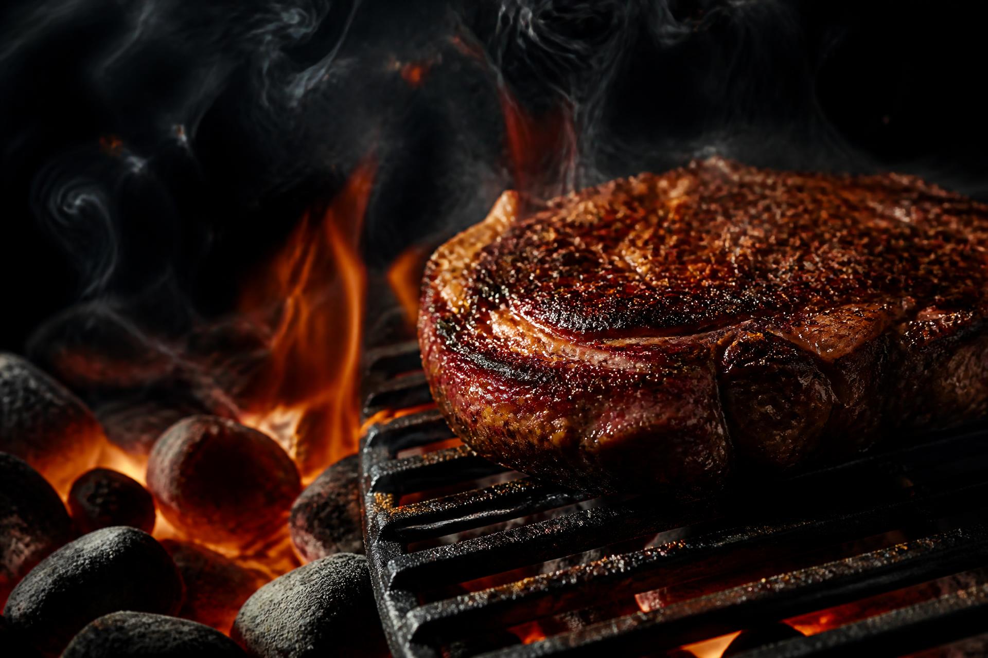 A thick steak searing over glowing charcoal with smoke rising